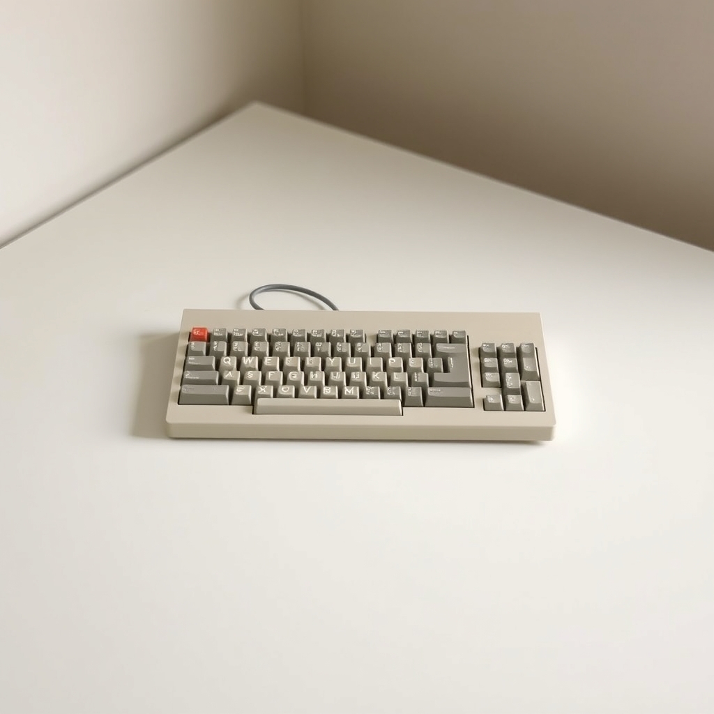 A single, old computer keyboard on a clean and minimalist desk, with a flat and muted palette, symbolizing outdated tech